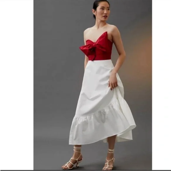ANTHROPOLOGIE Bow Tie Maxi Dress Flounce Hem Strapless Red White Hutch NWT - Picture 5 of 8
